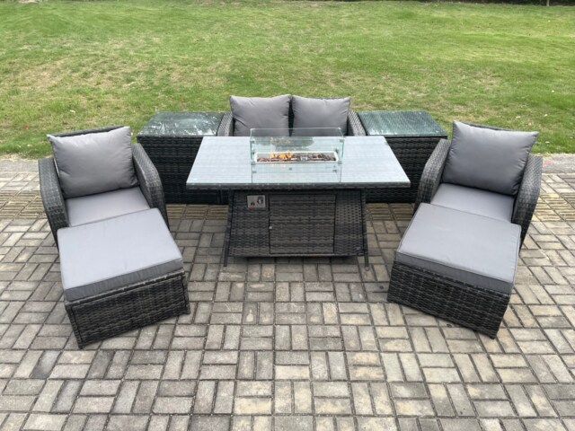 Fimous Patio Outdoor Rattan Garden Furniture Set Propane Gas Fire Pit Table Burner with Love seat Sofa 2 Big Footstool 2 Side Tables