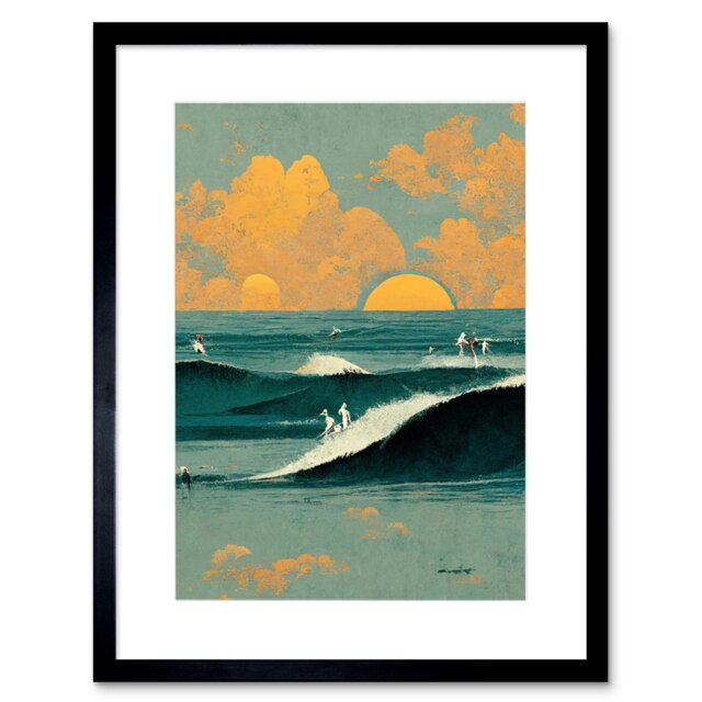 "Surfers Surfing Chasing Waves Sunset Teal Mustard 9x7"" Black Framed Wall Art Print"