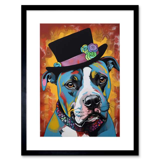 "Pitbull Wearing Flower Top Hat Modern Pop 9x7"" Black Framed Wall Art Print"