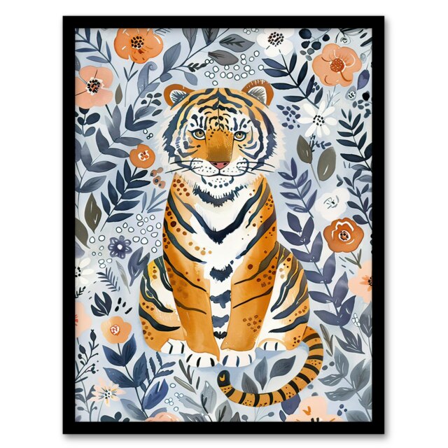 Baby Tiger in Floral Pattern Blue Kids Black Framed Wall Art Print A4