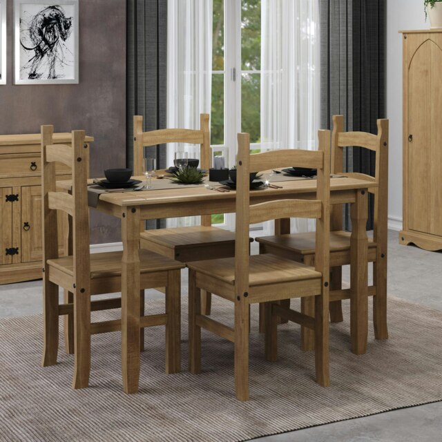 Premium Corona Rectangular Dining Set with Table and 4 Chairs in Grey or Brown Waxed Pine - Solid Wood Brown Brown 1