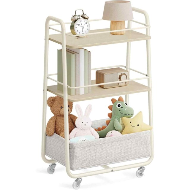 3-Tier Rolling Storage Trolley with Fabric Basket and Shelves, Mobile Organiser, Natural Beige and Cream White