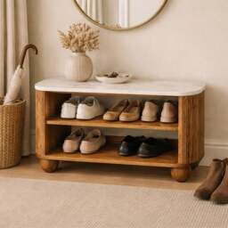 Artisan Furniture Solid Wood Beaumont Marble Shoe Bench, 2 Shelves, Brown