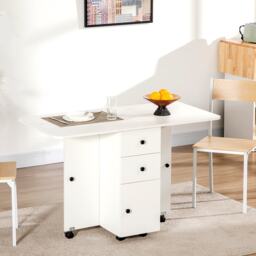 HOMCOM Folding Dining Table for 4-6, Rolling Drop Leaf Table on Wheels with Storage Drawers, Cabinet and Open Shelf for Kitchen, Dining Room, White