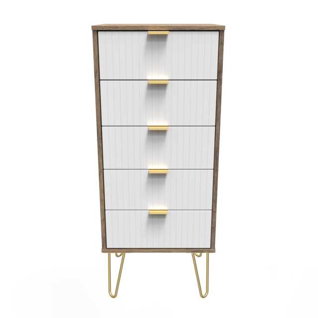 Bexley 5 Drawer Tall Bedside Cabinet in White Matt & Vintage Oak (Ready Assembled) White White Matt & Vintage Oak