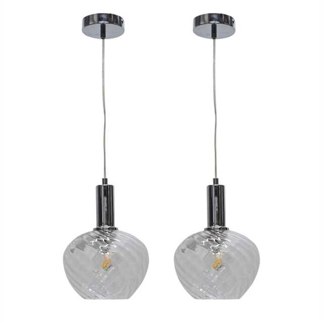 Set of 2 Bradson - Clear Swirl Glass Chrome Deco Pendant Fittings