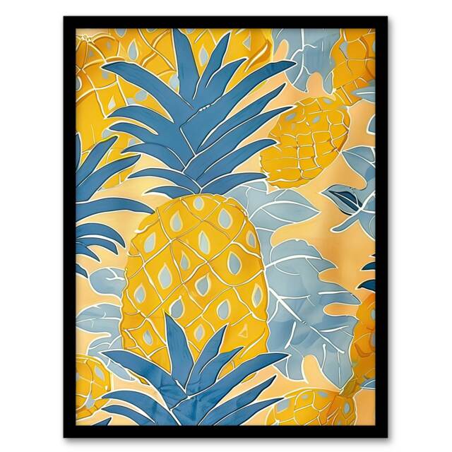 Bright Yellow Pineapples Fruity Fun Living Room Black Framed Wall Art Print A4