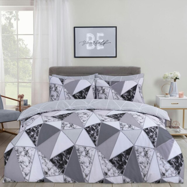 OHS Geometric Marble Print Duvet Cover and Pillowcase Set, Double - Charcoal