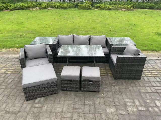 Fimous 8 Seater Rattan Outdoor Furniture Sofa Garden Dining Set with Dining Table 2 Armchairs 2 Side Tables 3 Stools Dark Grey Mixed