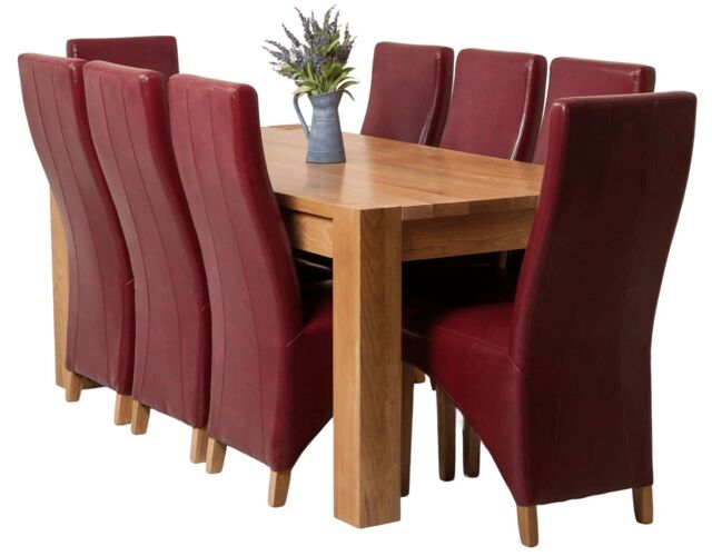 Kuba 180 x 90 cm Chunky Oak Dining Table and 8 Lola Leather Chairs Red Red 1