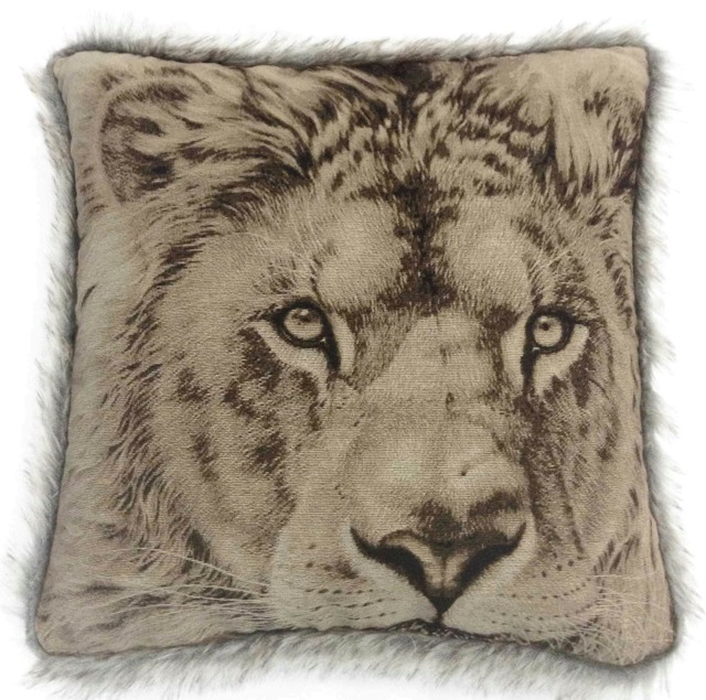 Fur Trim Edge Animal Cushion - 43cm x 43cm Cream Lion