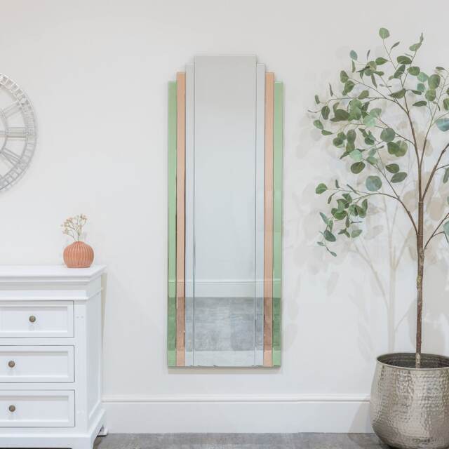 Large Frameless Pink & Green Glass Art Deco Wall Mirror 52cm X 142cm
