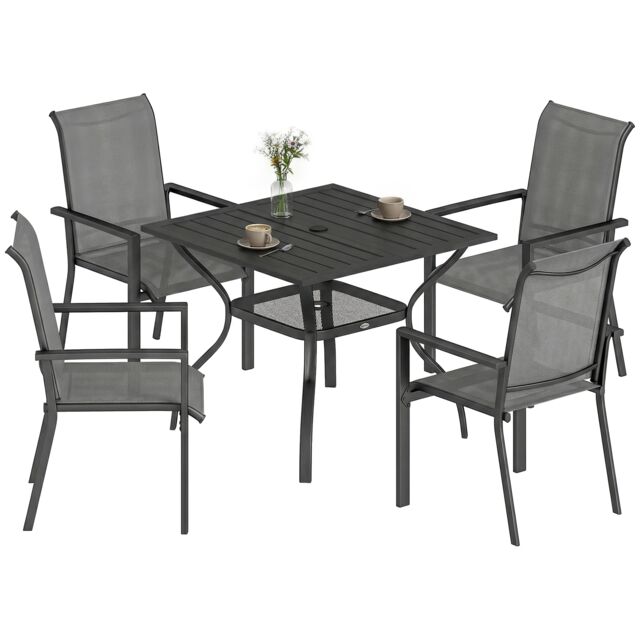 Outsunny 5 Pieces Outdoor Dining Set for 4, Patio Furniture Set, Dark Grey Grey Dark Grey Table: 90 x 90 x 72 cm, Chair: 58 x 65 x 93 cm