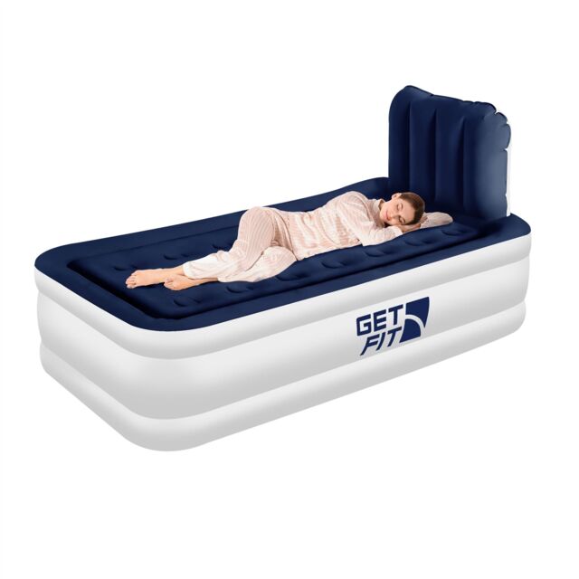 Get Fit Air Bed With Built In Electric Pump - Premium Single Airbed - Quick Blow Up Bed With Headboard & Free Inflatable Pillow White White / Navy 1
