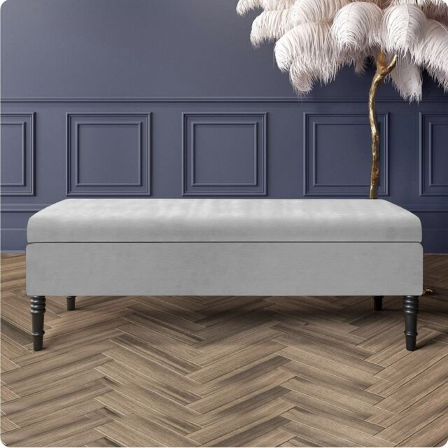 137cm Safar Plain Ottoman Storage Bench - Naples Shoes Bench with Black Turned Wooden Legs - Silver Upholstery Footstool Storage
