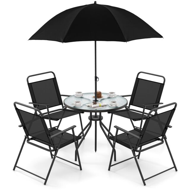 6 Piece Outdoor Dining Set, Patio Garden Table Set for 4, Round Dining Table & 4 Folding Chairs w/ Detachable Umbrella, Outside Table Chair Set with Shade for Poolside, Balcony