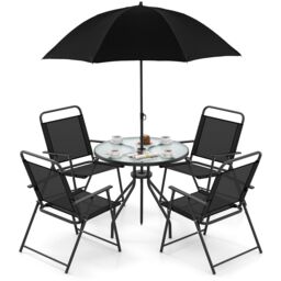 6 Piece Outdoor Dining Set, Patio Garden Table Set for 4, Round Dining Table & 4 Folding Chairs w/ Detachable Umbrella, Outside Table Chair Set with Shade for Poolside, Balcony