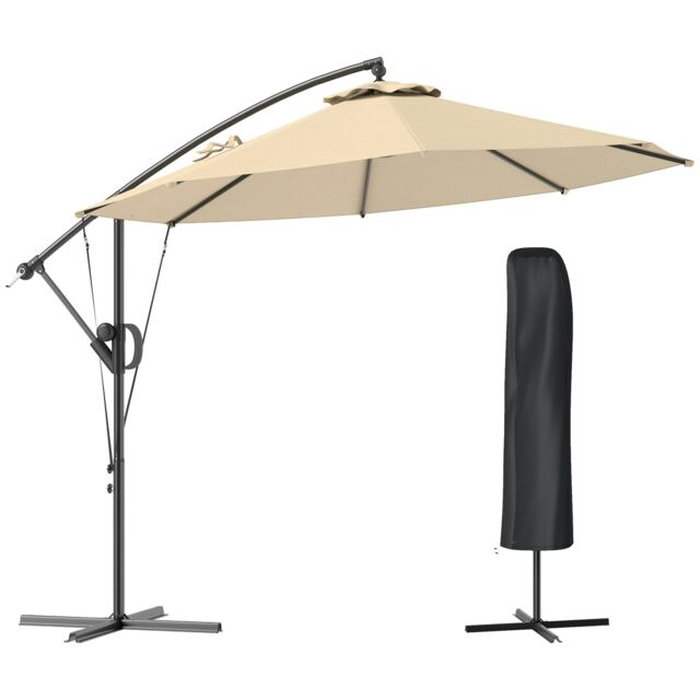 Outsunny 3(m) Cantilever Banana Parasol with Cover Wind Strap UPF50+Khaki Cream