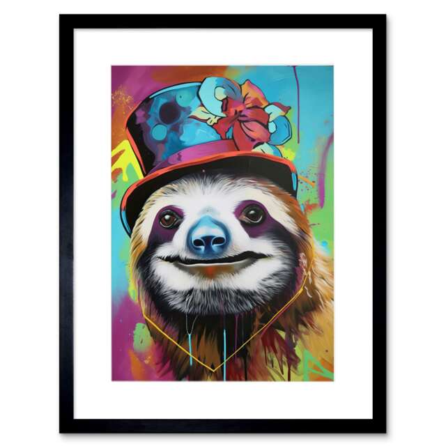 "Sloth Wearing Ladies Summer Hat Modern Pop 9x7"" Black Framed Wall Art Print"