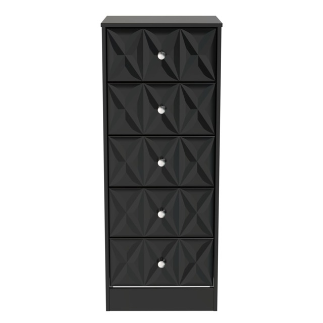 Memphis 5 Drawer Tall Bedside Cabinet in Deep Black & Black Matt (Ready Assembled) Black Deep Black & Black Matt