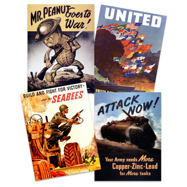 Set of 4 US Military World War 2 Army United Seabees Tank Mr Peanut Home Decor Wall Art Prints 12X16 Inch