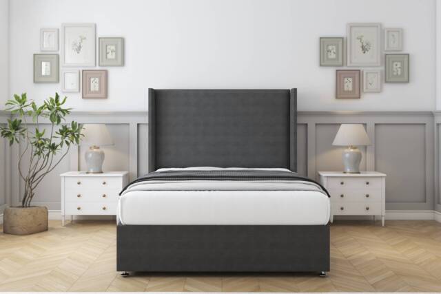 "Sloomy Devonshire Graphite Dumfries Divan Bed With Mattress 2 Drawers Footend With 54"" Wingback Headboard 5' King Grey Graphite King 1"