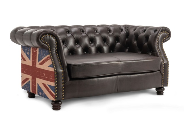 Faux Leather Brown 2 Seater Union Jack Chesterfield Sofa