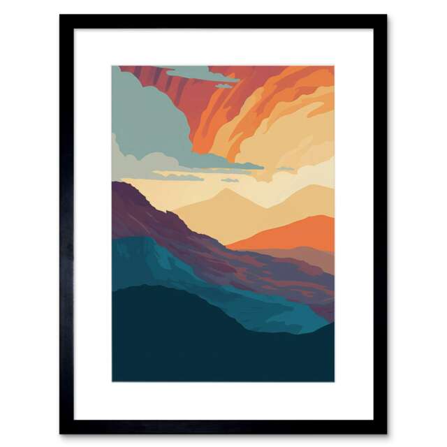 "Atmospheric Sunset Sky Serene Mountain Landscape 9x7"" Black Framed Wall Art Print"