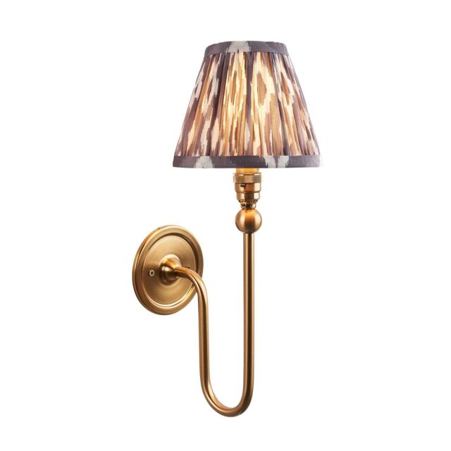 Santiago Brushed Aged Brass Plate Wall Light with Pearl Grey Fabric Ikat Shade 16cm B22