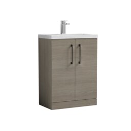 Balterley Level Compact Bathroom Cloakroom Vanity Basin Unit with Ceramic Basin, Handles, Mid Oak Brown Grey Vicenza Oak 840 x 620 x 360mm