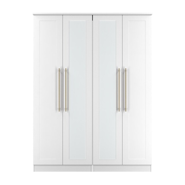 Helmsley Tall 4 Door Twin Mirror Wardrobe in White Ash (Ready Assembled) White White Ash