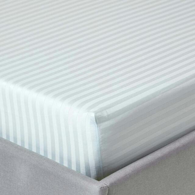 Homescapes Blue Egyptian Cotton Satin Stripe Fitted Sheet 330 TC, Single Blue Single