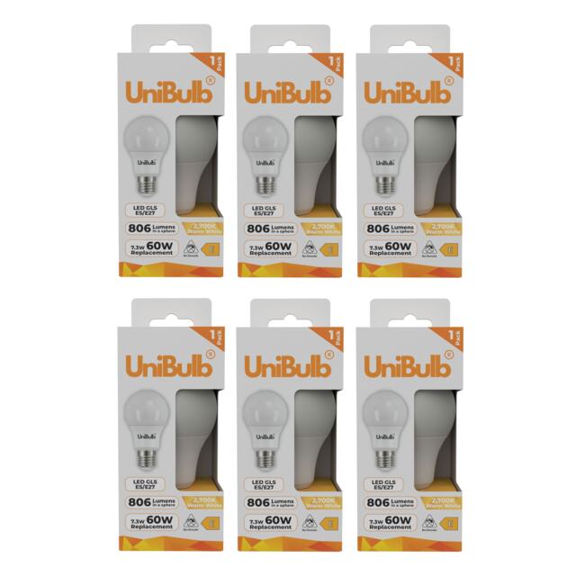 UniBulb LED GLS E27 Edison Screw (ES) 806lm 7.3W (Replaces 60W) 2700K (Warm White) Light Bulb - Pack of 6