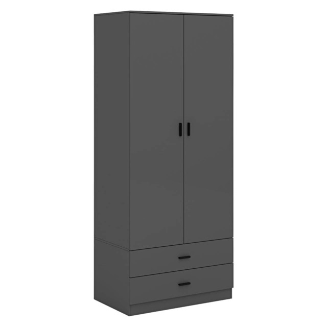 2-Door 2-Drawer Wardrobe with Storage Shelf, and Hanging Space - 180x75x46cm Black Black & Black 1