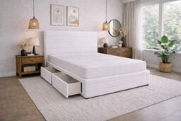 Divan Bed Set Headboard and Footboard with Mattress 6ft Superking White Suede Storage 2 Drawers Left Side Laying in Bed