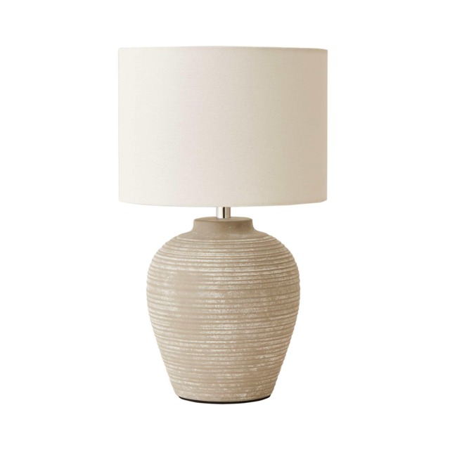 ValueLights Reid Linen Shade Stone Grey Ribbed Ceramic Small Table Lamp