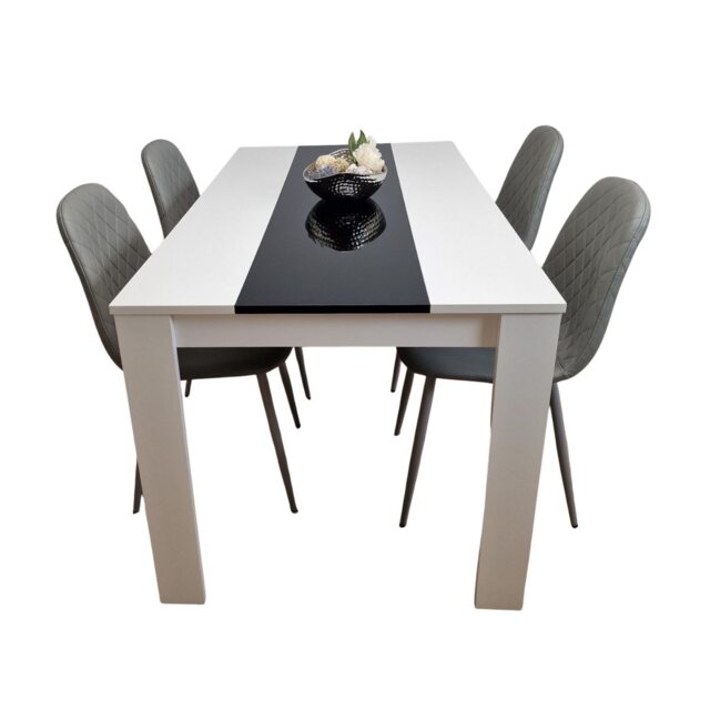 Dining Table Set White And Black Table With 4 Grey Gem Pattern Chairs Dining Room Furniture