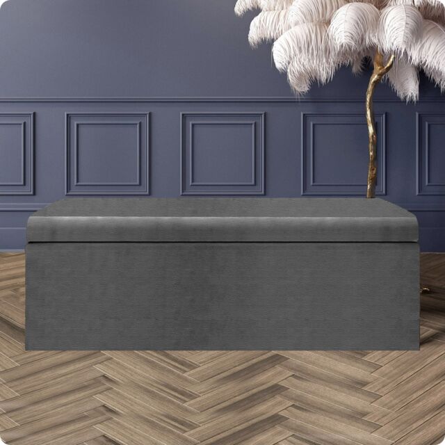90cm Large Plain Safar Storage Ottoman Box, Dark Grey Naples Upholstered Deep Storage Ottoman End of Bed Bench