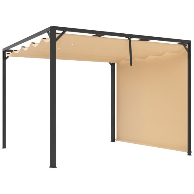Outsunny 3 x 3m Garden Pergola with Retractable Roof Canopy, Aluminium Pergola Kit Gazebo with Roller Shade, UPF30 Sun Shade Shelter for Porch, Khaki
