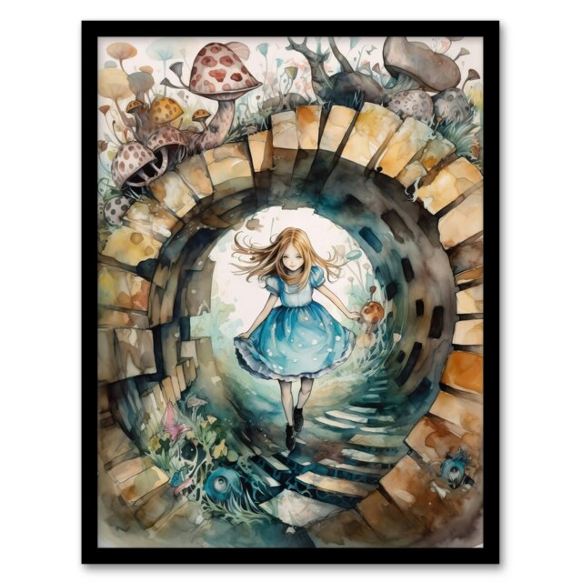 Alice Wonderland Watercolour Through Looking Black Framed Wall Art Print A4