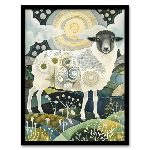 Stylised Sheep Patterns Full Moon Folk Art Living Room Black Framed Wall Art Print A4