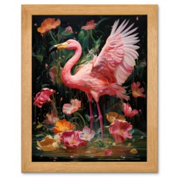 Flamboyant Vibrant Pink Flamingo in Rain Wood Framed Wall Art Print