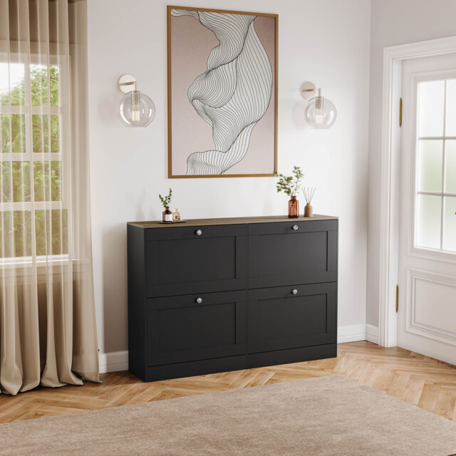 Vida Designs 4 Drawer Shoe Cabinet Hallway Storage Unit - Black & Oak