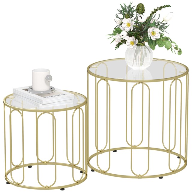 HOMCOM Round Coffee Table Set of 2, Glass Nest of Tables with Metal Frame and Tempered Glass Tabletop for Living Room, Gold Tone Gold Gold Tone