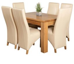 Dakota 127 x 82cm Oak Small Dining Table and 6 Lola Leather Chairs Cream Cream