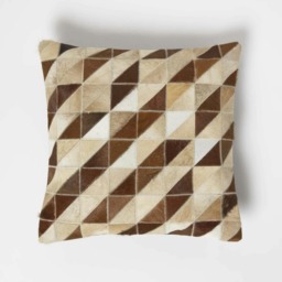 Homescapes Diamond Check Cream & Brown Leather Cushion - 45 x 45 cm