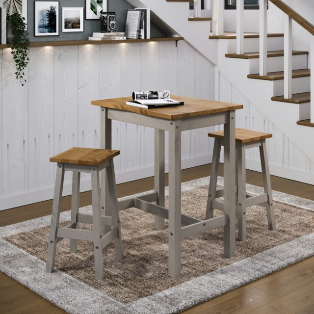 Corona Large Wavy Edge High Breakfast Bar Dining Set with 2 Bar Stools - Black or Grey Frame Grey Grey 1