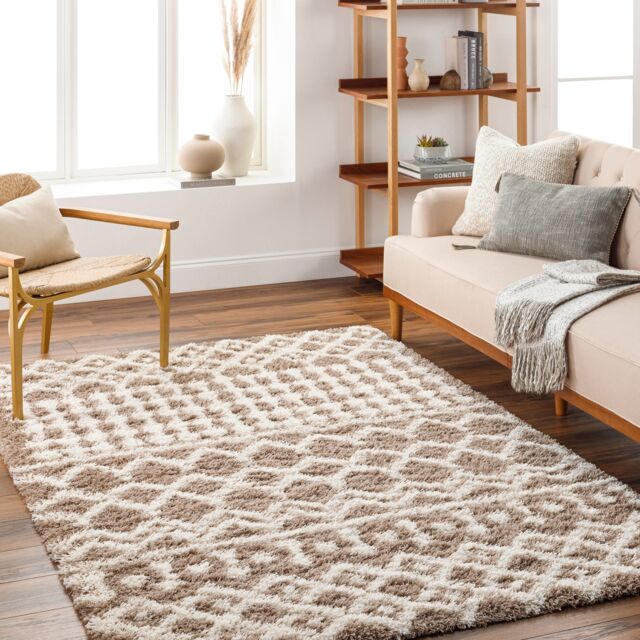 LIVABLISS Urban Shaggy-Geometric Soft Plush Pile Rug 130 x 170 cm Brown Ivory