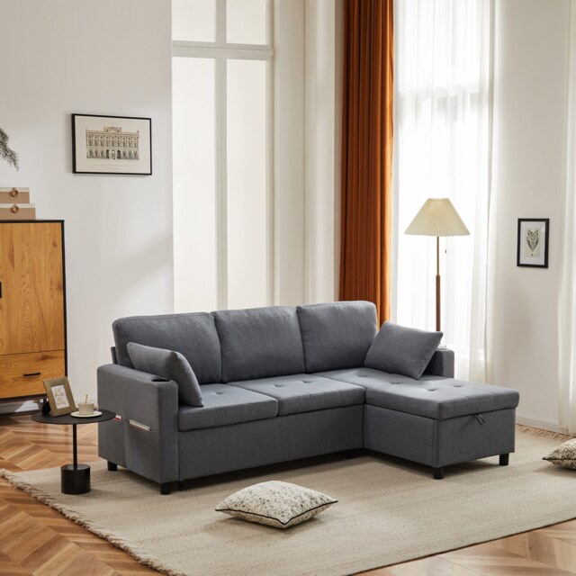 VILUXE L-Shaped Corner Sofa Bed with Pull-Out Bed, Storage, Cup Holders and Side Pockets, Grey Linen-Look Fabric, 212 x 141 x 87.5cm