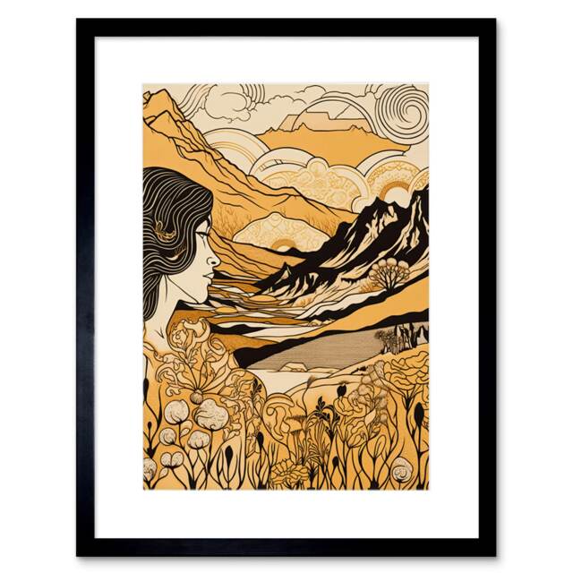 "Earth Goddess Blooming Flowers Mountain Landscape 9x7"" Black Framed Wall Art Print"
